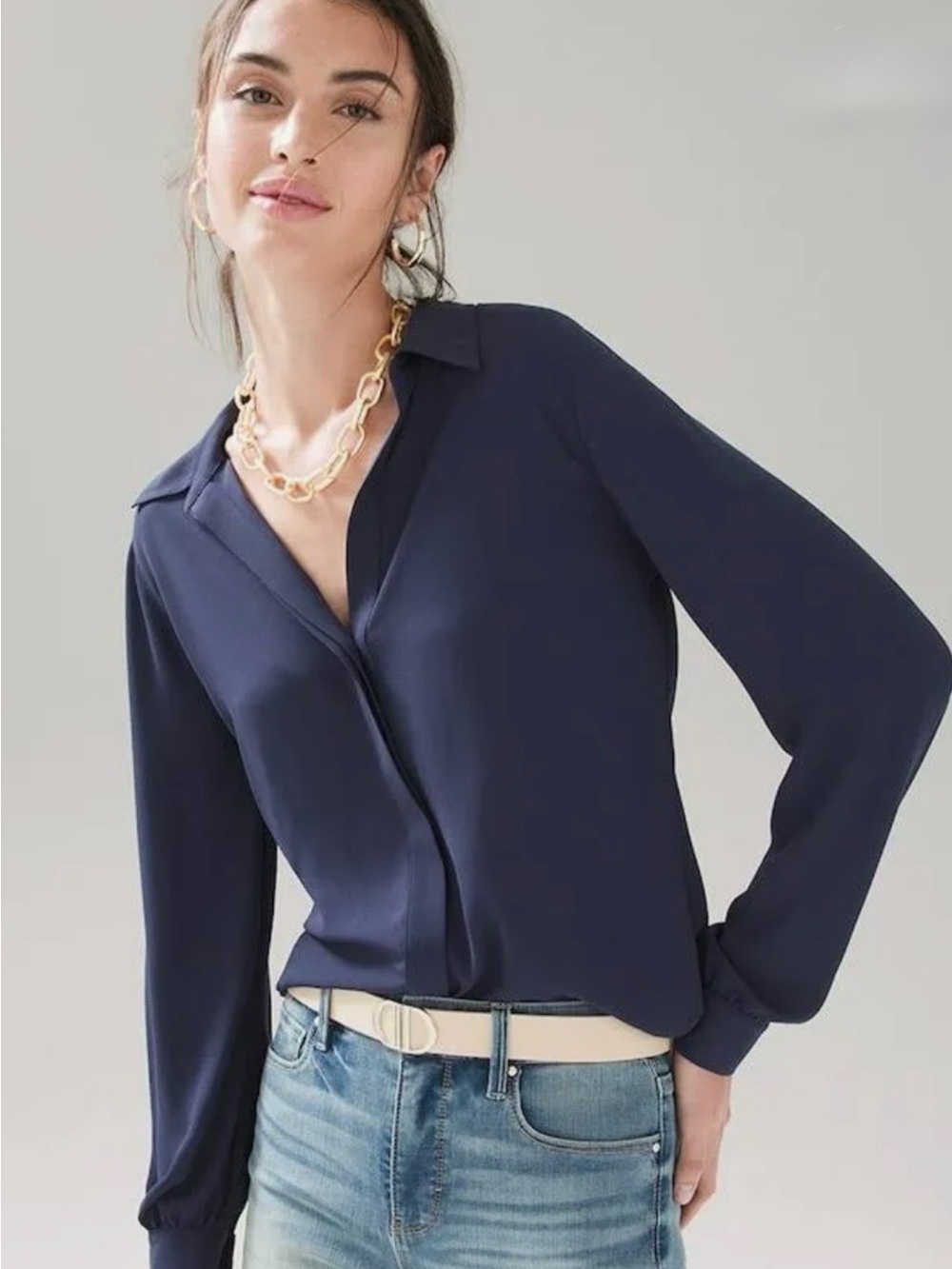 White House Black Market Navy Button-Down Blouse